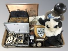 A quantity of costume jewellery, vintage doll and soft toy, copper panel depicting Durham Cathedral,