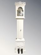 A Continental painted longcased clock with pendulum and two weights,