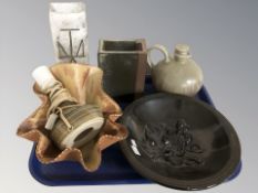 Scandinavian studio pottery vases, jug with stopper, Michael Andersen bowl, lamp base, etc.