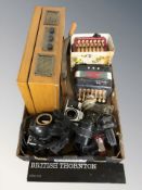 A vintage style record player, two miniature accordions, two Minolta cameras, Praktica camera,
