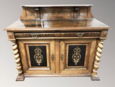 A 19th century Continental walnut ebonised and satinwood inlaid side cabinet with barleytwist