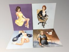 John Proud : Four unframed oil paintings on board depicting females,