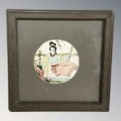 Oriental School : Study of a geisha, watercolour on porcelain, 9 cm diameter, in oak frame.