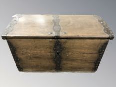 A 19th century oak metal bound blanket box, 96 cm W x 51 cm D x 51 cm H.