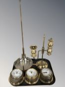 Two brass cased ship's barometers, further timepiece, brass handled frying pan and further items.