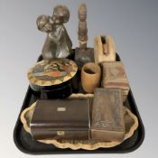 A group of treen including trinket boxes, figures, beaker, etc.