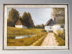 W Rytger : Buildings by a canal, oil on canvas, 56 cm x 37 cm.