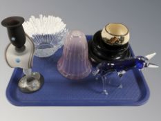 A Finnish glass ice bowl, further blue glass stand, an Edwardian pink glass light shade,