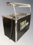A commercial stainless steel food warming unit, width 117 cm.