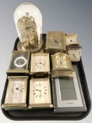 A Bulova quartz timepiece under glass dome, further mantel timepieces including Seiko, Rapport, etc.