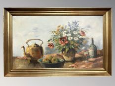 Danish School : Still life with fruit and flowers, oil on canvas, 94 cm x 55 cm.