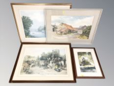 A small group of pictures and prints, M E Jordan watercolour village scene, etc.