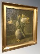 E Thalvigen : Still life with tulips, oil on canvas, 36 cm x 41 cm.
