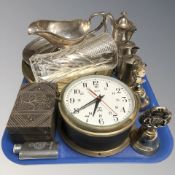 A Smiths brass cased quartz ship's timepiece, further brass plates, EPNS wares, a small hip flask,