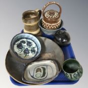 A group of Scandinavian studio pottery bowls and dishes, slip glazed jar and cover, etc.