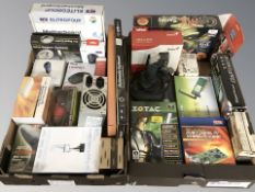 A quantity of computing components including graphics cards, gaming joystick, mice, etc.