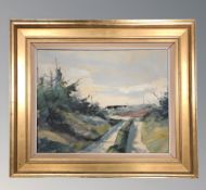 Continental School : A rural track with thatched buildings beyond, oil on canvas,