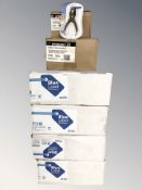 Four boxes of envelopes and three boxes of hole punches.