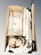 A group of men's Hampton dress shirts, collar stiffeners, vintage umbrella.