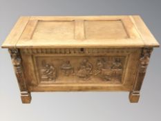 A continental carved oak blanket box, 92 cm x 41 cm x 52 cm.