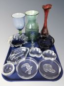 A group of Scandinavian glass shallow dishes, turquoise vase, goblet, etc.