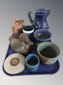 Scandinavian studio pottery wares including jugs, duck ornament, mug and beaker, etc.