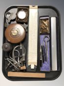 A group of rules, a Rabone & Sons leather tape measure, fountain pen nibs,