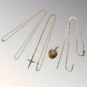 A 9ct gold broken chain, crucifix pendant on chain, another trace link chain,