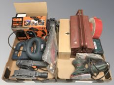A group of power tools including Black & Decker, Bosch, concertina tool box, etc.