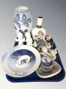 A group of Royal Copenhagen and similar ceramics including dishes, lamp base, figures, etc.