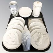 Two Royal Copenhagen porcelain vases, further relief wall plates, cylindrical jar and cover, etc.