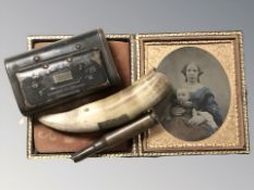 A Victorian daguerreotype in gilt frame, together with a snuff box,
