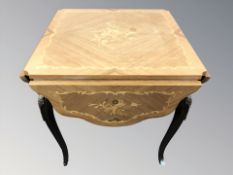 A French kingwood veneered square drop leaf occasional table, unextended 54 cm wide.