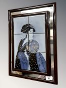 A tiled mosaic depicting a geisha, mounted on a mirrored panel, 34 cm x 45 cm.