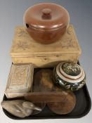 A carved wooden jewellery box and further trinket boxes, wall shelf depicting an owl,