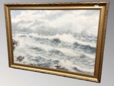 R Thompson Lambert : Waves crashing on rocks, watercolour, 110 cm x 75 cm.