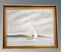 20th Century School : A yacht at sea, oil on canvas, initialled 'A O', 62 cm x 80 cm.