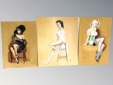 John Proud : Three unframed oil paintings on board depicting females,