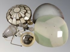 A group of light shades including Tiffany style leaded glass example.