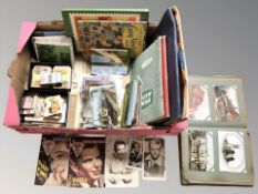 Assorted collector's cards, albums of postcards, stamps,