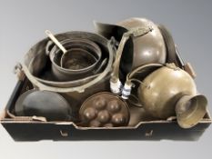 Metal wares including coal helmet, swing handled copper part skillets, etc.