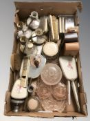 A group of petit point dressing table items, peach glass dressing table tray and squat candlesticks,