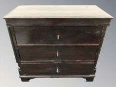 A 19th century continental stained oak three drawer chest, 90 cm W x 44 cm D x 81 cm H.