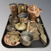 Metal wares including tankards, candlesticks, copper kettle, miniature pan and swing handled pot,