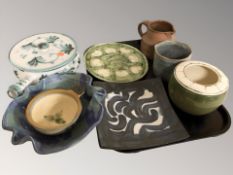A group of Scandinavian studio pottery wares including serving dish with cover, jug, vases, etc.