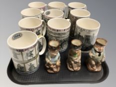 Ten Wedgwood commemorative mugs and three Royal Doulton miniature toby jugs.