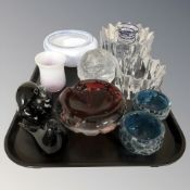 A group of Scandinavian glasswares including tea light holders, bowls, jug, bird ornaments, etc.