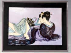 Laila Hynek, a hand finished tile depicting two figures, 30 cm x 21 cm.