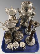 A group of EPNS tea wares, cruet set, pair of oak barley twist candlesticks, etc.