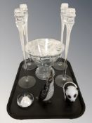 A set of four hand blown glass candlesticks, height 40 cm, a further crystal bowl,
